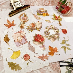 Otoño vintage / pegatinas de papel / ilustración de acuarela