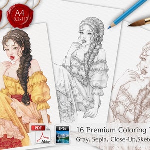 May include: 16 coloring pages featuring a young woman with long braided hair wearing a yellow dress and holding a lollipop. The pages are in grayscale, sepia, close-up, and sketch line styles.