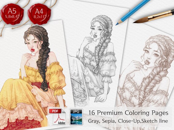 LUNA / coloring page, Coloring PDF, 8 variants, Coloring pages for adults, Grayscale Coloring, A4,A5, Beautiful Woman Coloring,