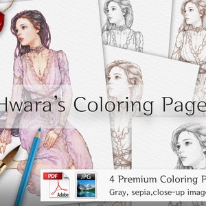 May include: A collection of coloring pages featuring a woman in a flowing dress, with the text "Hwara's Coloring Page." The image includes a watercolor brush, a blue pencil, and a red seal that says "A4 8.2x11". The product includes 4 premium coloring pages.
