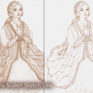 May include: Sepia-toned illustration of a woman in a long gown with intricate details. The gown features decorative trim and a cross pendant. The image includes the text "Sepia Scale+ Sketch Line".