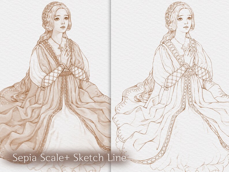 May include: Sepia-toned illustration of a woman in a long gown with intricate details. The gown features decorative trim and a cross pendant. The image includes the text "Sepia Scale+ Sketch Line".