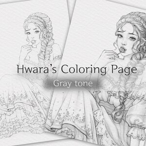 May include: A black and white line drawing of a woman with long hair in a braid, wearing a dress with lace trim. She is holding a lollipop in her hand and has a thoughtful expression on her face. The image is titled "Hwara's Coloring Page, Gray tone".