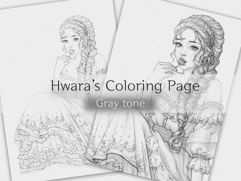 May include: A black and white line drawing of a woman with long hair in a braid, wearing a dress with lace trim. She is holding a lollipop in her hand and has a thoughtful expression on her face. The image is titled "Hwara's Coloring Page, Gray tone".