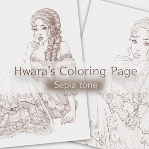May include: A coloring page featuring a young woman with long, braided hair, wearing a lacy dress and holding a lollipop. The image is in sepia tone and titled "Hwara's Coloring Page".