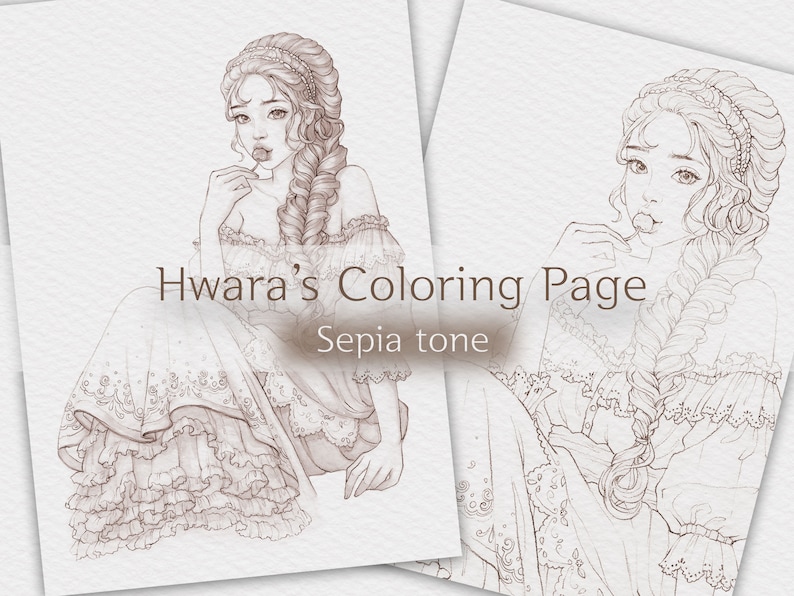 May include: A coloring page featuring a young woman with long, braided hair, wearing a lacy dress and holding a lollipop. The image is in sepia tone and titled "Hwara's Coloring Page".