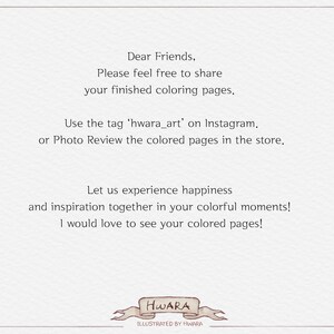 K&ouml;nnte beinhalten: Ein Textbild mit einer Nachricht, die Menschen dazu ermutigt, ihre fertigen Malvorlagen zu teilen. Die Nachricht enth&auml;lt den Hashtag "hwara_art" f&uuml;r Instagram und ermutigt zu Fotobewertungen der ausgemalten Seiten. Das Bild enth&auml;lt auch den Text "HWARA ILLUSTRATED BY HWARA".
