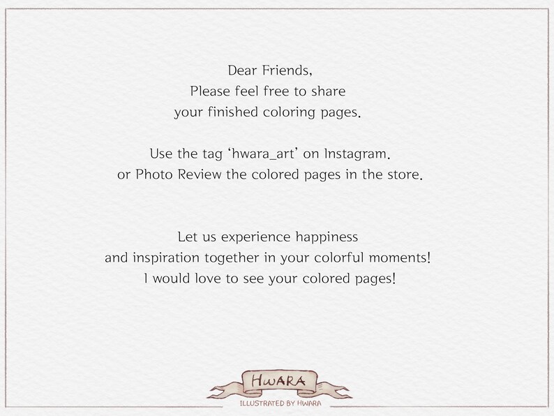 K&ouml;nnte beinhalten: Ein Textbild mit einer Nachricht, die Menschen dazu ermutigt, ihre fertigen Malvorlagen zu teilen. Die Nachricht enth&auml;lt den Hashtag "hwara_art" f&uuml;r Instagram und ermutigt zu Fotobewertungen der ausgemalten Seiten. Das Bild enth&auml;lt auch den Text "HWARA ILLUSTRATED BY HWARA".