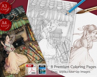 ORIENTAL FABRIC SHOP / portrait coloring page, for Adults, Grayscale Coloring, A4, A5, Oriental Coloring,  Korean Coloring  sheets, 8 pages
