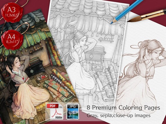 ORIENTAL FABRIC SHOP / portrait coloring page, for Adults, Grayscale Coloring, A4, A5, Oriental Coloring,  Korean Coloring  sheets, 8 pages