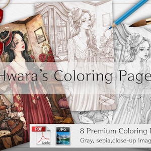 May include: A set of 8 coloring pages featuring a woman in a vintage dress. The pages are in grayscale and sepia tones, with close-up images of the woman's face and dress. The text "Hwara's Coloring Pages" is printed at the top of the image.