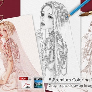 May include: Eight coloring pages featuring a woman in a wedding dress with a veil and intricate jewelry. The pages are in grayscale and sepia tones, with close-up images of the woman's face and jewelry.