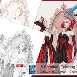 May include: A collection of eight premium coloring pages featuring illustrations of a woman in a mirror, in gray, sepia, and sketch styles. The images include a woman in a red and black gown. The text on the image says "8 Premium Coloring Pages".