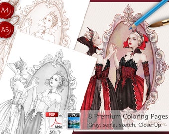 Queen “Mirror,mirror on the wall, who is the prettiest of them all?” /  Fairy tale Coloring Page PDF for Adults, Beautiful Woman Coloring,
