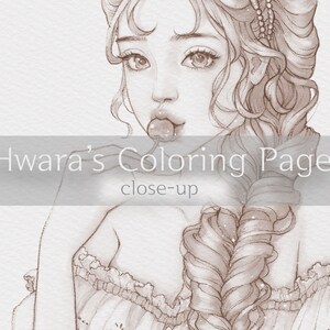 May include: A black and white line drawing of a woman with long, braided hair. She is wearing a low-cut, off-the-shoulder top with lace trim. The woman is looking down and has a cherry in her mouth. The text "Hwara's Coloring Page close-up" is below the image.