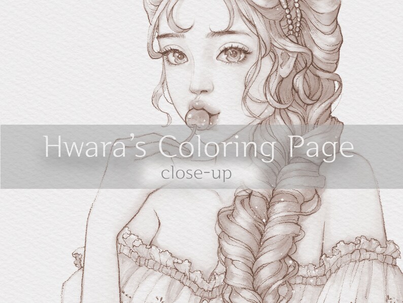 May include: A black and white line drawing of a woman with long, braided hair. She is wearing a low-cut, off-the-shoulder top with lace trim. The woman is looking down and has a cherry in her mouth. The text "Hwara's Coloring Page close-up" is below the image.