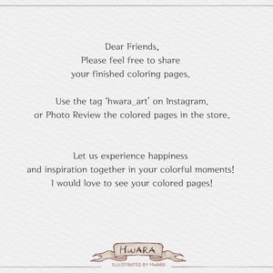 May include: A cream-colored card with text in black, including "Dear Friends" and instructions to share finished coloring pages using the tag 'hwara_art' on Instagram. The bottom features a banner with the name "HWARA".