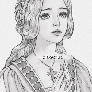 May include: A detailed pencil drawing of a woman with long, wavy hair and a braided crown. She wears a dress and a cross pendant. The word "close-up" is written on the image.