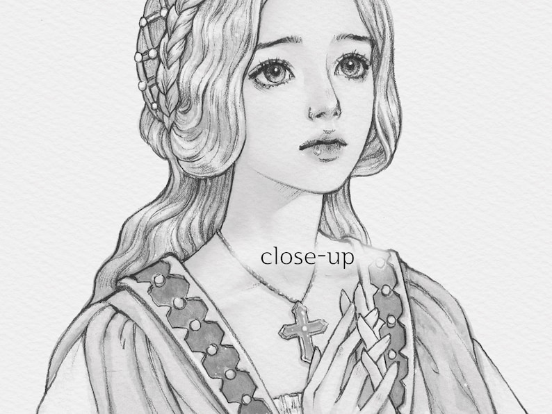 May include: A detailed pencil drawing of a woman with long, wavy hair and a braided crown. She wears a dress and a cross pendant. The word "close-up" is written on the image.