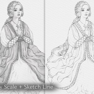 May include: A grayscale illustration of a woman in a long gown, with the text "Gray Scale + Sketch Line" at the bottom. The woman is wearing a headpiece, a cross necklace, and her hands are clasped in front of her. The gown has decorative trim.