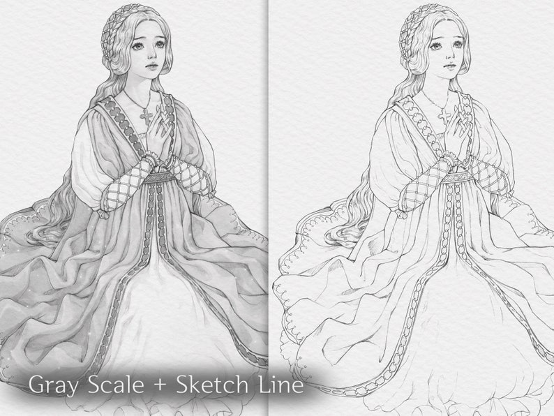 May include: A grayscale illustration of a woman in a long gown, with the text "Gray Scale + Sketch Line" at the bottom. The woman is wearing a headpiece, a cross necklace, and her hands are clasped in front of her. The gown has decorative trim.