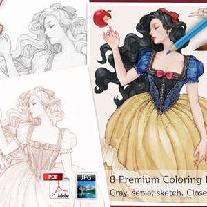 May include: Set of 8 premium coloring pages featuring illustrations of a woman in a ball gown. The pages include gray, sepia, and sketch versions. The image also shows A4 and A5 seals, and PDF and JPG icons.