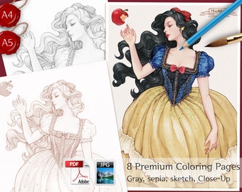 Snow White/  Fairy tale Coloring Page PDF for Adults, Grayscale Coloring, A4, Beautiful Woman Coloring, Stayhome Coloring
