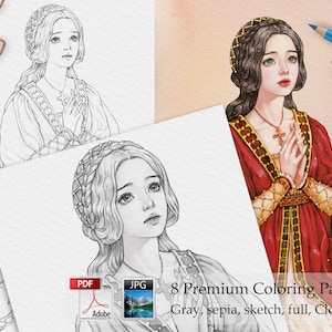 May include: A set of 8 premium coloring pages featuring illustrations of a woman in a medieval dress. The image includes a colored version and a black and white sketch. The text on the image says "8 Premium Coloring Pages".