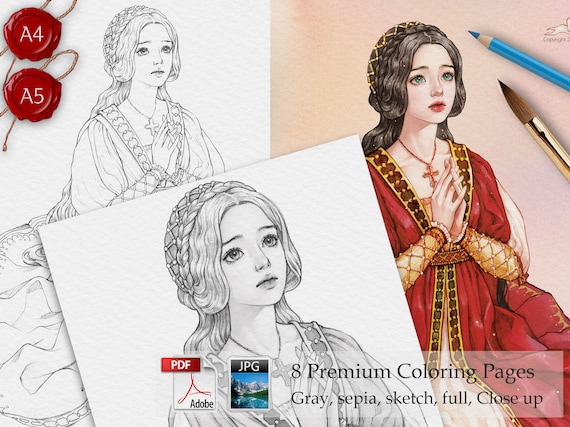 JULIET / Coloring Page, Coloring PDF for Adults, Grayscale Coloring, Sepiascale , A4, A5, Beautiful Women Coloring,