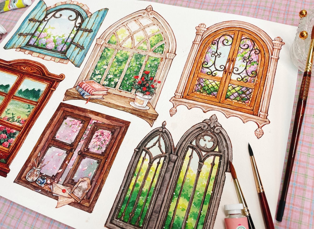 Spring Window Sticker Pattern Png Transparent Window of Spring / Transparent Stickers / Watercolor Illust - Etsy