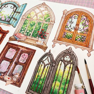 Finestra di primavera / adesivi trasparenti / illustrazione acquerello