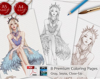 SWAN / Coloring Page, Coloring PDF for Adults, Grayscale Coloring, A4, A5, Beautiful Women Coloring,