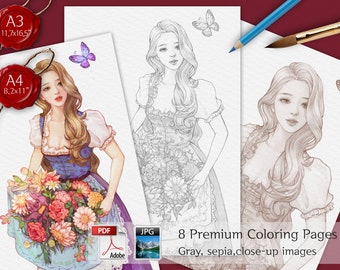 FLORIST_ Coloring PDF, 8 variants, Coloring pages for adults, Grayscale Coloring, A4,A5, Beautiful Woman Coloring,Flower Coloring