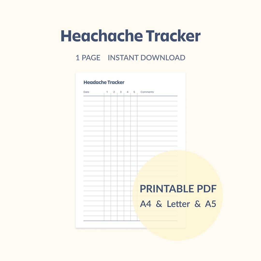 Headache Tracker Printable PDF, for Concussion Head Injury, Daily