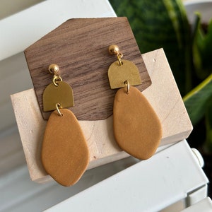 Polymer Clay Earrings | Clay Dangle Earrings | Tan and Gold Earring | Statement Earring | Clay and Brass Earring | Terracotta Color Earrings