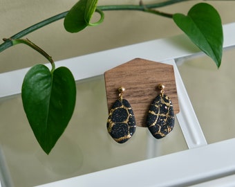 Polymer Clay Earrings | Clay Dangle Earrings | Black and Gold Dangle Earrings | Statement Earring | Clay and Brass Earring | NYE Earrings