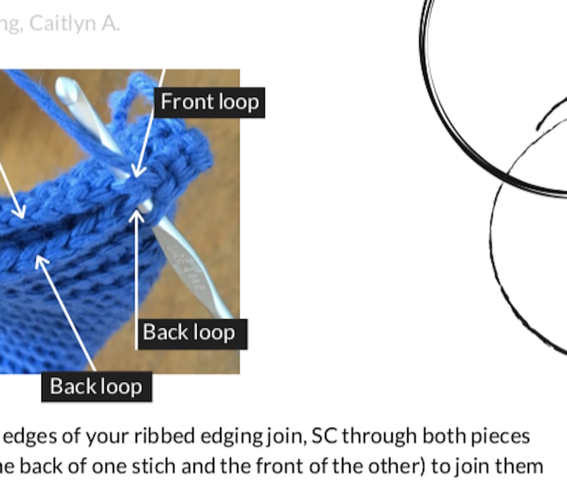 May include: Close-up of a blue crocheted fabric with a crochet hook. The image shows how to join two pieces of crocheted fabric by crocheting through the back loop of one stitch and the front loop of the other stitch. The text in the image reads "Front loop", "Back loop", and "Back loop".