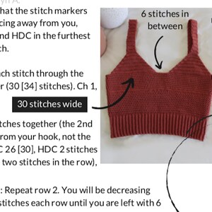 May include: A close-up of a crocheted top in a rust color. The top has a V-neck and is 30 stitches wide. The text "6 stitches in between" is written on the image.