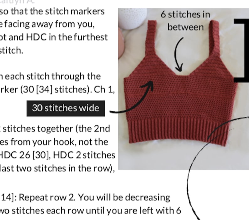 May include: A close-up of a crocheted top in a rust color. The top has a V-neck and is 30 stitches wide. The text "6 stitches in between" is written on the image.