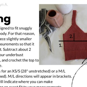 May include: A close-up of a red crochet top with two measurements marked on it. The measurements are labeled "1." and "2."
