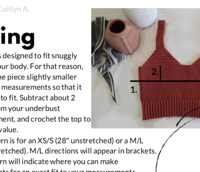 May include: A close-up of a red crochet top with two measurements marked on it. The measurements are labeled "1." and "2."