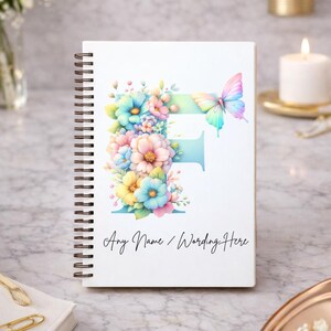 Personalised A5 Notebook | Floral Butterfly Letters Monogram | Spiral Notebook | Gifts for Her Him | Personalized Gift | Back to School Gift
