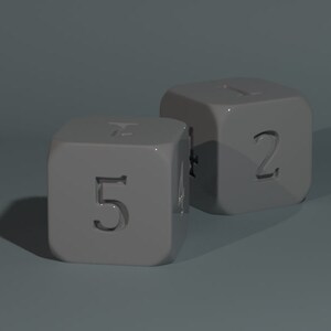 Può includere: Due dadi grigi con bordi arrotondati, uno con il numero 5 e l'altro con il numero 2. I dadi sono su uno sfondo grigio, con un'ombra proiettata dai dadi.
