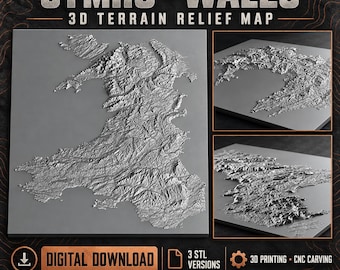 May include: A 3D terrain relief map of Wales featuring detailed topography on a flat base. The image includes text reading CYMRU WALES 3D TERRAIN RELIEF MAP, DIGITAL DOWNLOAD, 3 STL VERSIONS, 3D PRINTING CNC CARVING, and NO PHYSICAL ITEM SUPPLIED.