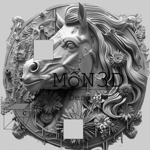 May include: A 3D printed sculpture of a horse's head with intricate details, including flowers and leaves. The sculpture is made of a light gray material and has a textured surface. The text "MÖN 3D Designs" is visible on the sculpture.