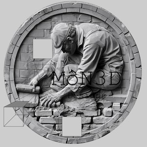 May include: A black and white 3D sculpture of a person laying bricks. The sculpture is set against a brick wall background. The sculpture is titled "MÖN3D Designs".