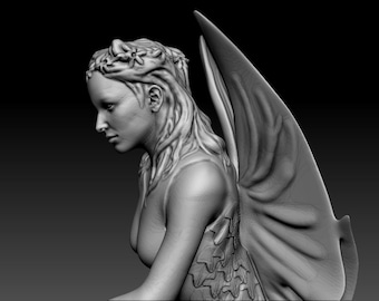 May include: A detailed sculpture of a fairy with wings, a floral crown, and long flowing hair. The sculpture is made of a smooth, white material and is posed in a sitting position.