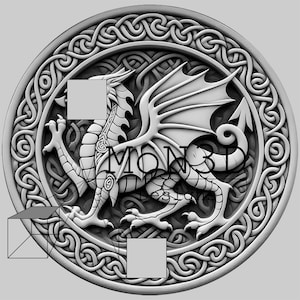 MOEDAS Dragão Galês com Escultura 3D em Nó Celta - Perfeito para Escultura a Laser, Impressão 3D ou Usinagem CNC (para Moedas de Desafio)