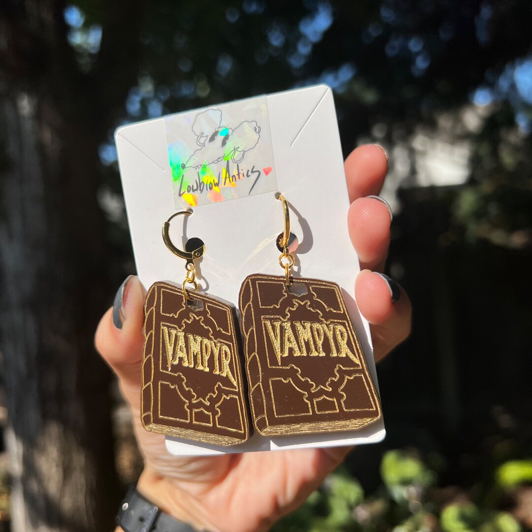 Buffy the Vampire Slayer Earrings | Vampyr Tome Earrings | Handmade Acrylic Halloween Witch Jewelry | 90s Horror Cult TV Memorabilia