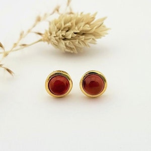 Carnelian stud earrings 925 silver setting gold-plated, round carnelian earrings cabochons, natural gemstone, nickel-free gold-plated silver